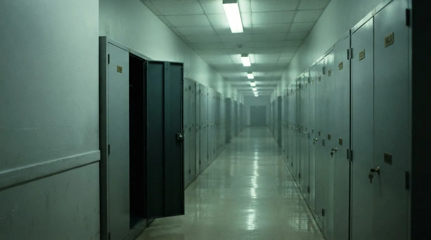 Un șir de dulapuri metalice încuiate pe un coridor lung, luminat de neoane palide — 10 lei depunere la cazinou în romania