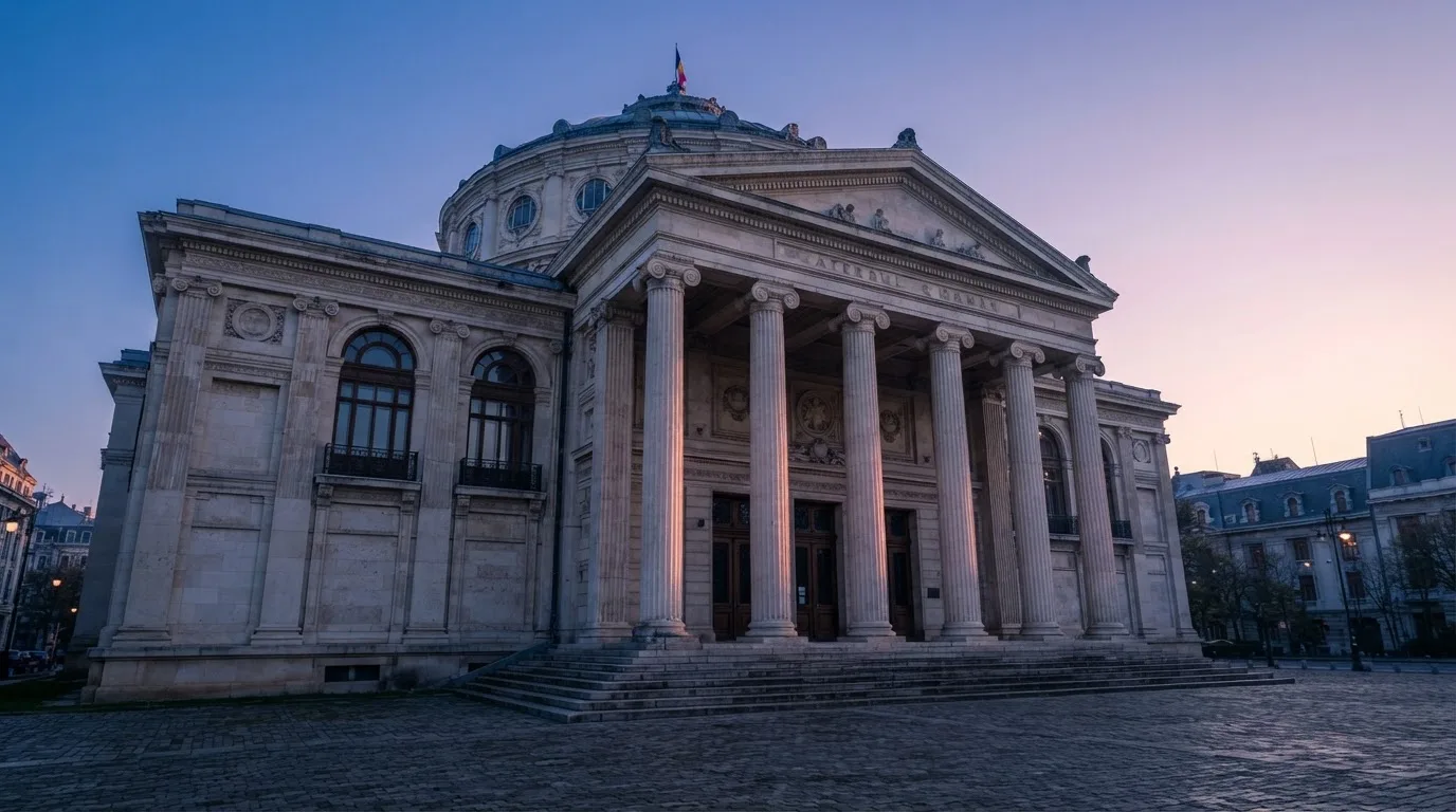 Fațada de piatră a unei clădiri guvernamentale din București, în lumina rece a zorilor — 20 rotiri gratuite în romania