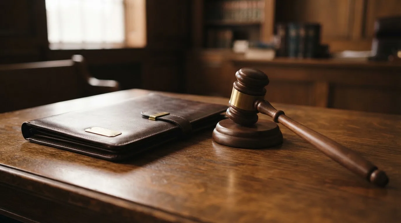 Un ciocan de judecător lângă un dosar de piele închis, pe o masă de nuc lustruit — 200 rotiri gratuite în romania