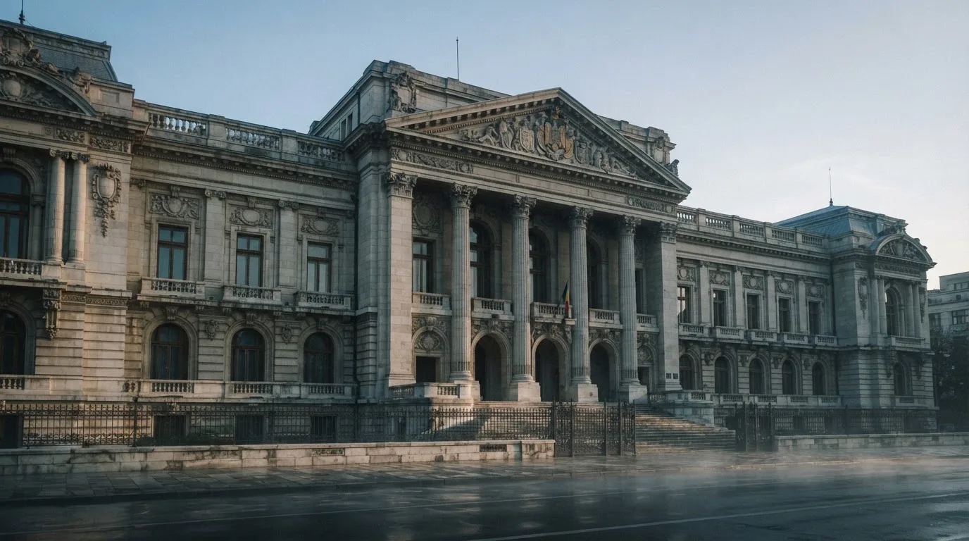 Fațada de piatră a unei clădiri guvernamentale din București, în lumina rece a zorilor — 500 rotiri gratuite în romania