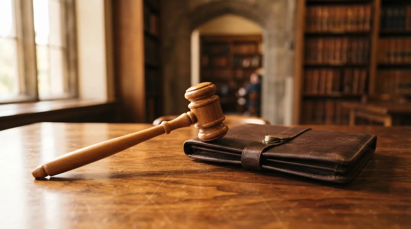 Un ciocan de judecător lângă un dosar de piele închis, pe o masă de nuc lustruit — aparate de cazinou din românia
