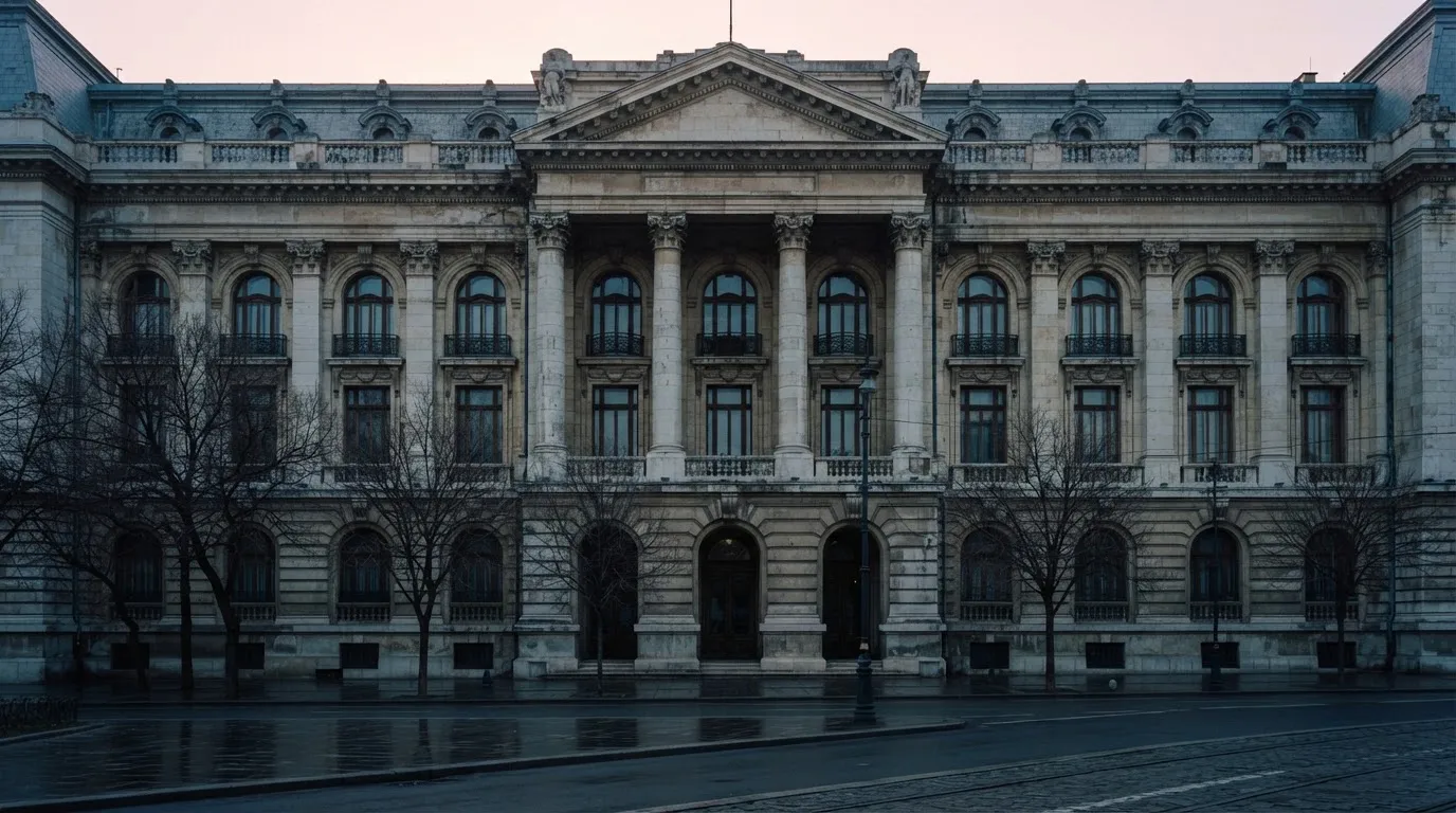 Fațada de piatră a unei clădiri guvernamentale din București, în lumina rece a zorilor — aparate de păcănele în românia