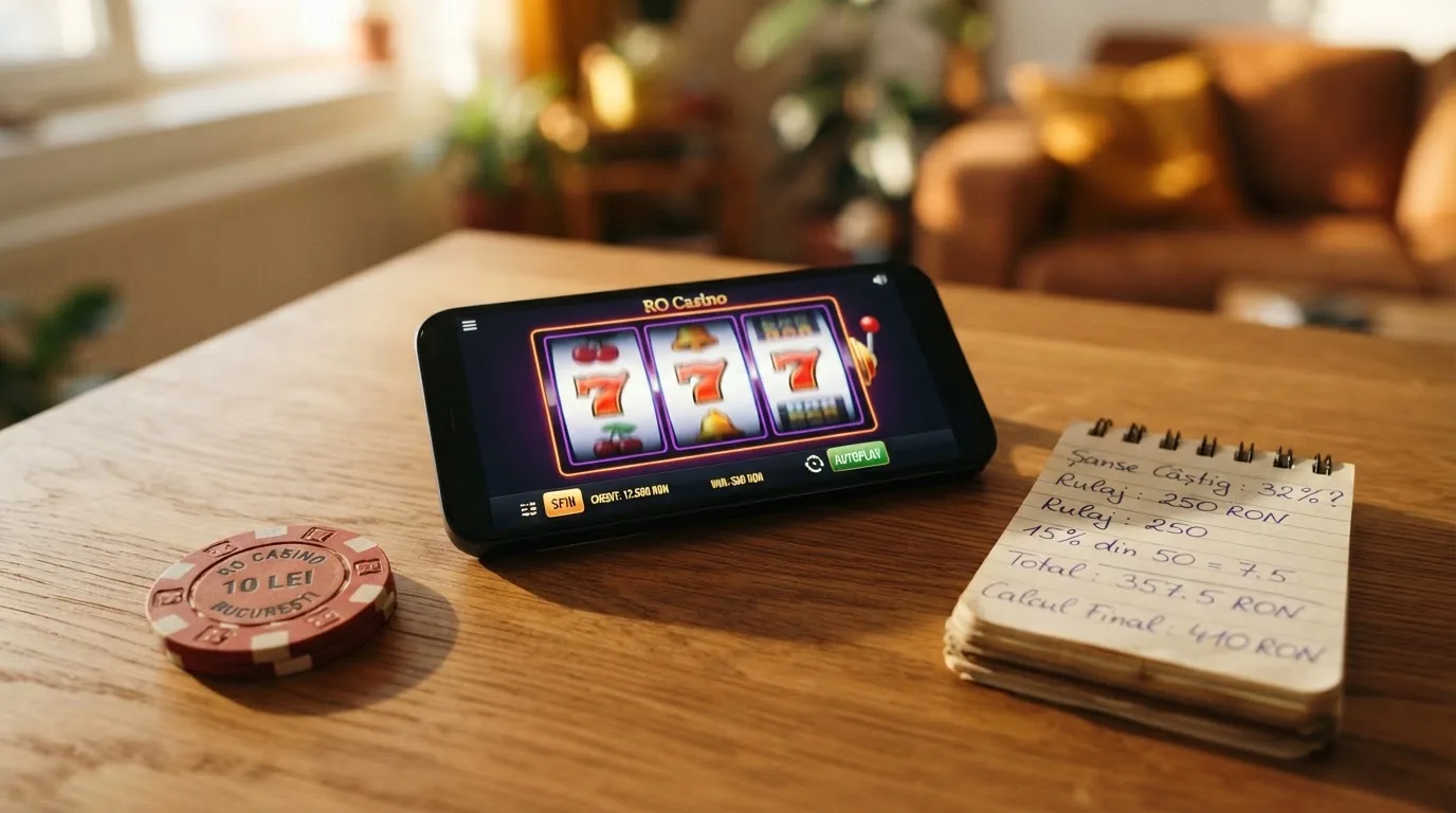 Smartphone așezat pe o masă de lemn lângă o monedă aurie și un calculator de buzunar, în lumina unei ferestre.