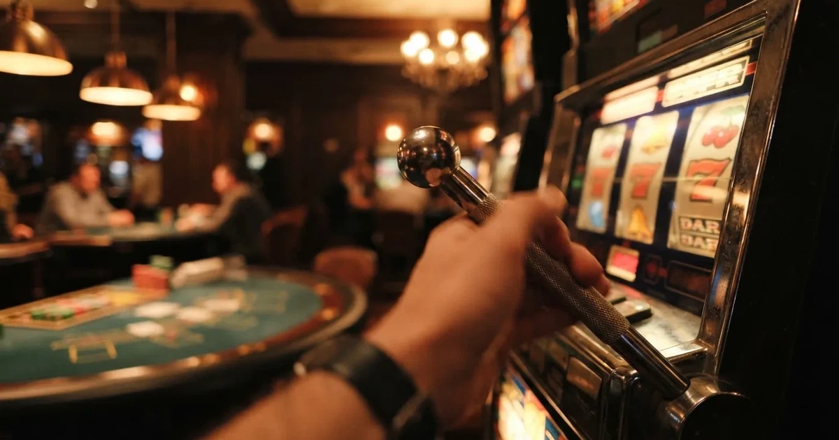Mânerul cromat al unui automat de joc în prim-plan, cu rolele luminate în fundal — blackjack pe bani reali în românia