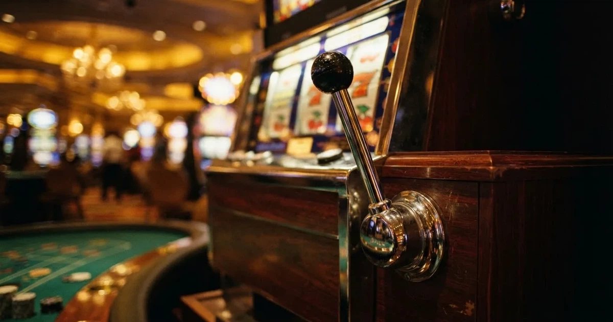 Mânerul cromat al unui automat de joc în prim-plan, cu rolele luminate în fundal — blackjack reguli pentru români