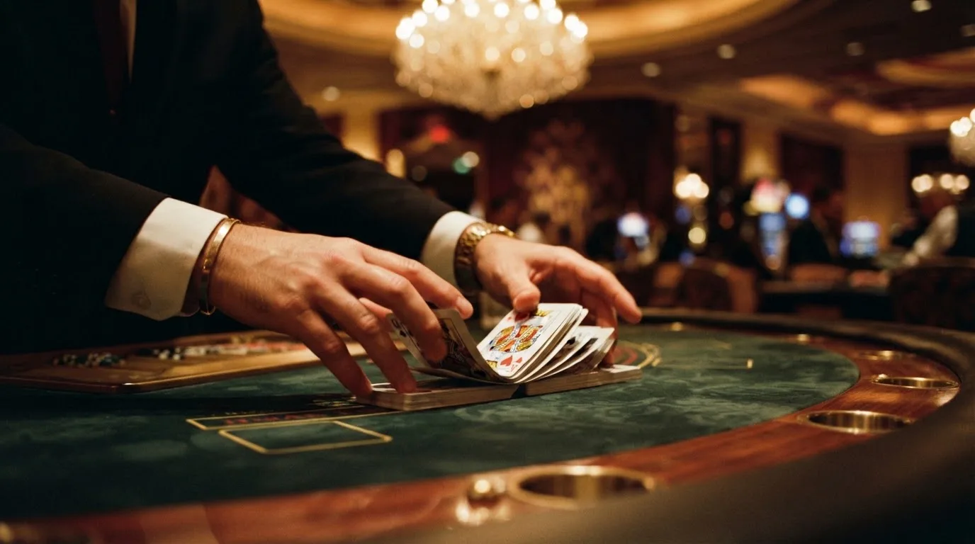 Mâinile unui crupier amestecă cărțile sub candelabrele unui cazinou elegant — blackjack reguli pentru români