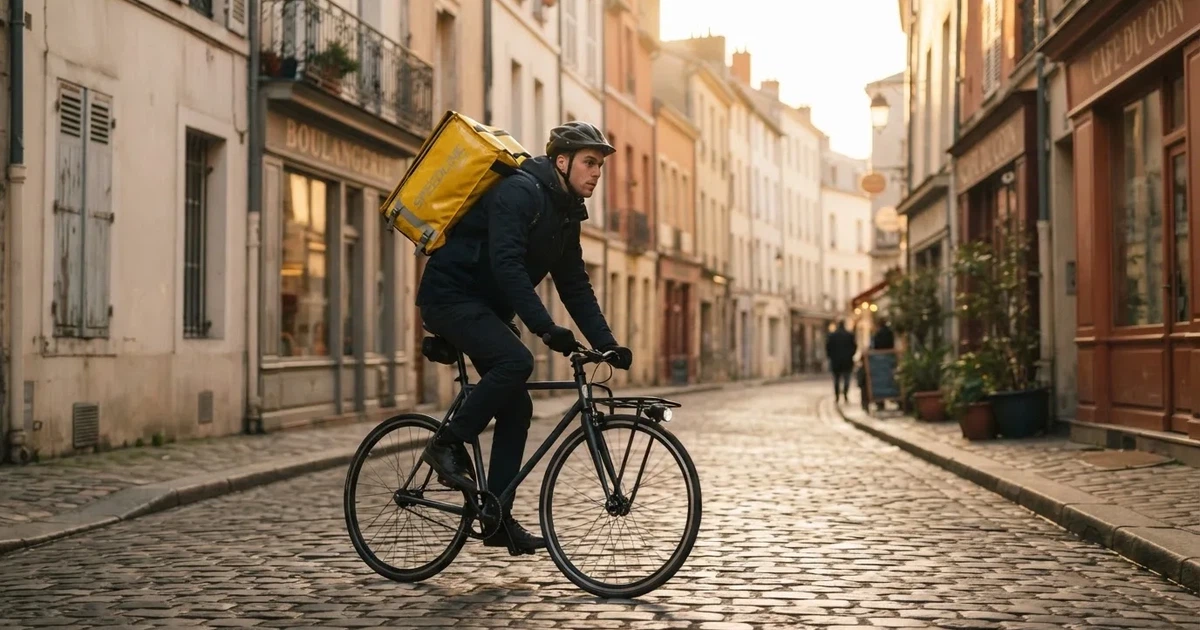 Un curier pe bicicletă cu rucsac galben pe o stradă pavată, în lumina dimineții — bune cazinouri în românia