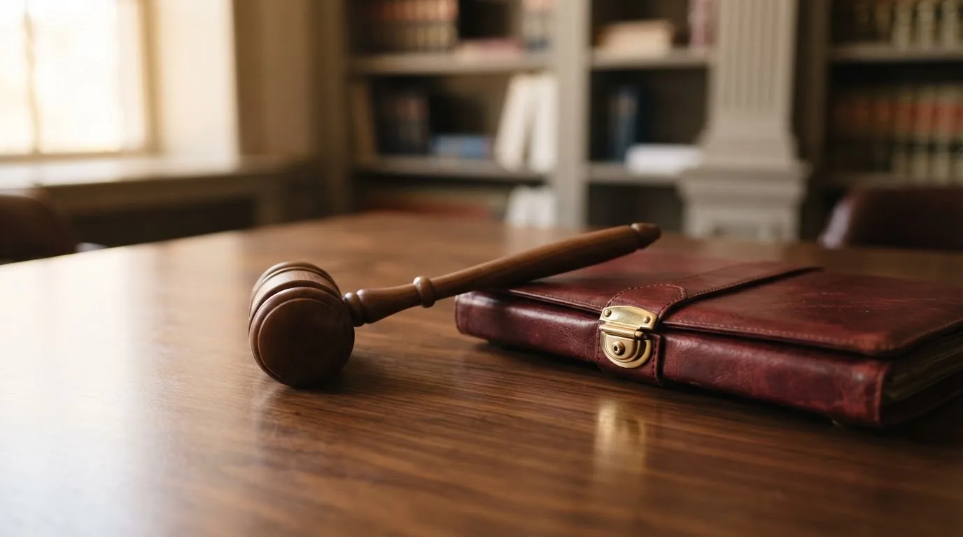 Un ciocan de judecător lângă un dosar de piele închis, pe o masă de nuc lustruit — bune cazinouri în românia