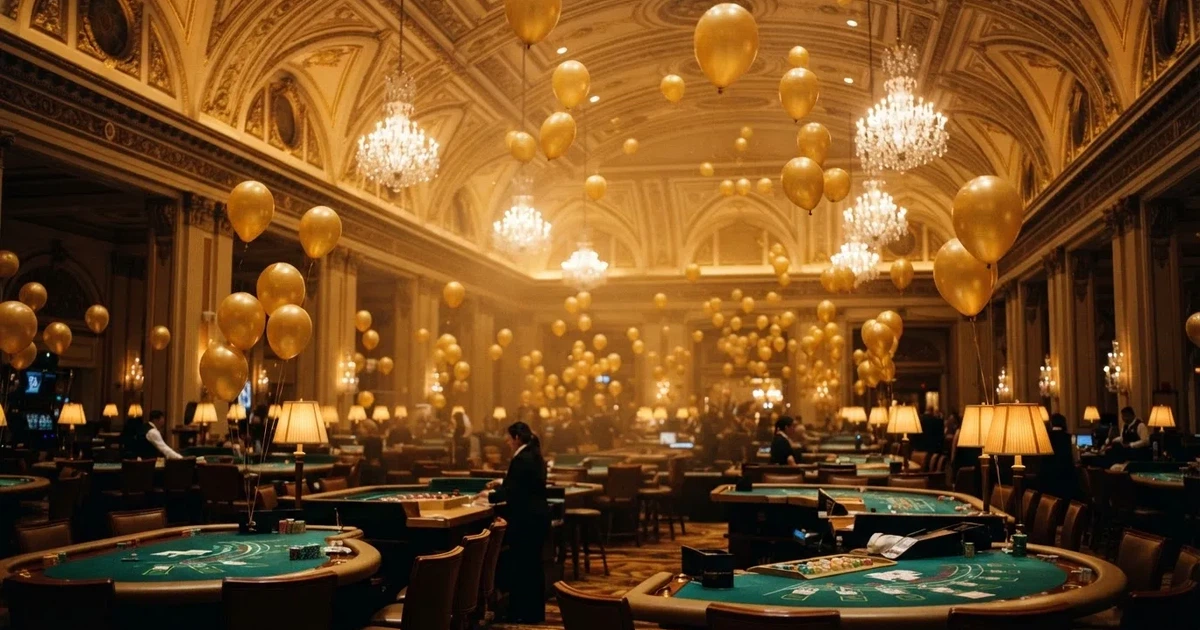 Baloane aurii plutind sub tavanul unei săli de bal, deasupra unor mese de joc — casino bonusuri la inregistrare