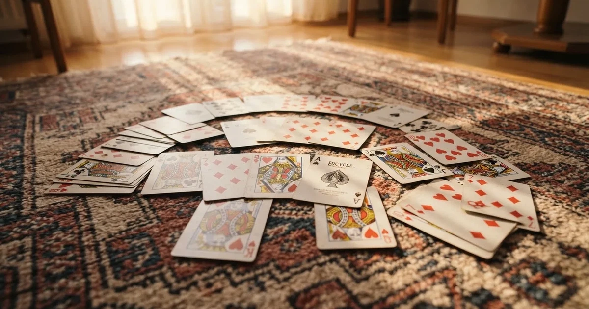 Un pachet de cărți de joc răspândit pe covorul unei camere de zi, într-o după-amiază liniștită — casino gratis în românia