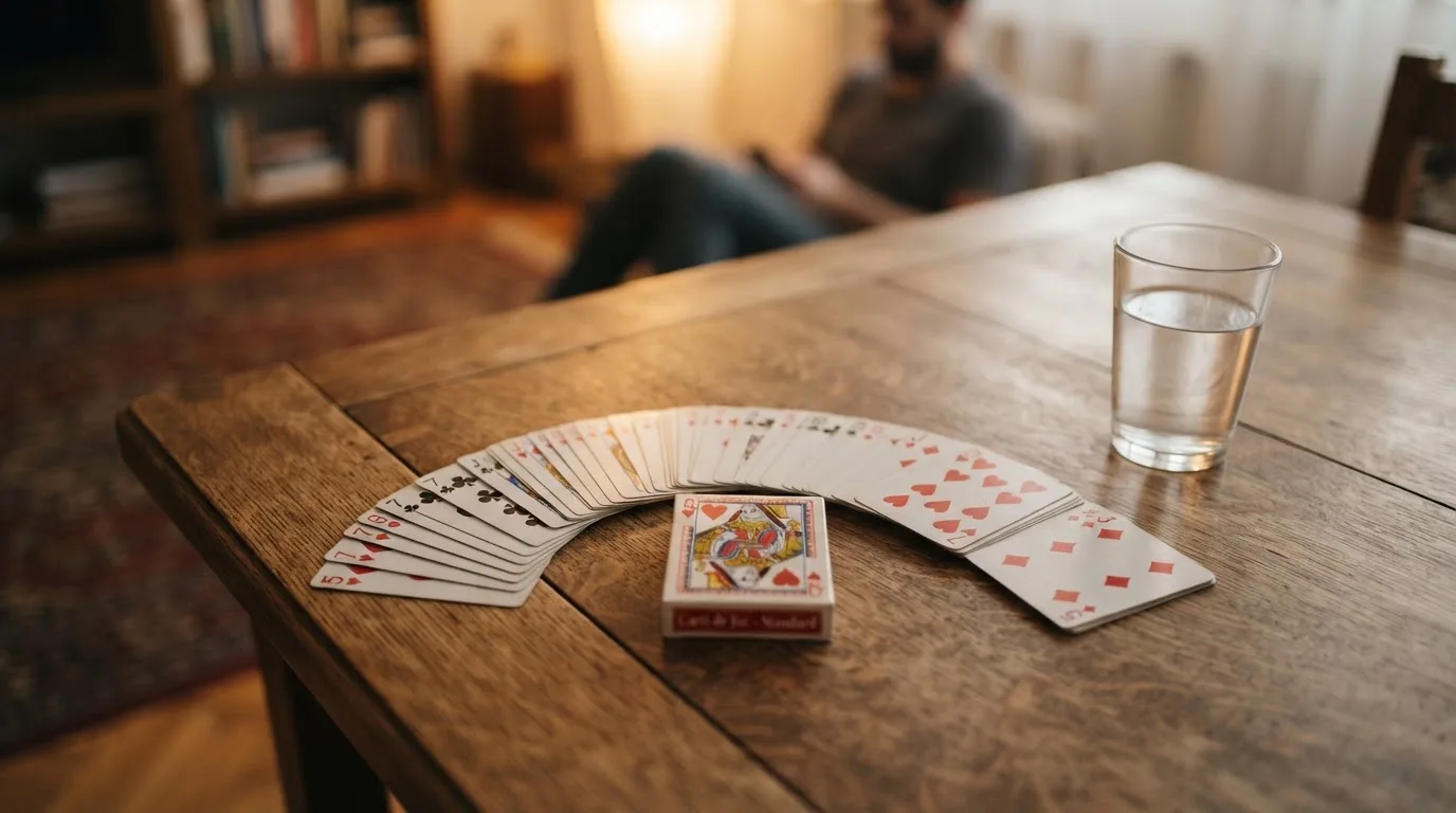 Un pachet de cărți de joc desfăcut evantai pe o masă de stejar, lângă un pahar cu apă — casino gratis în românia