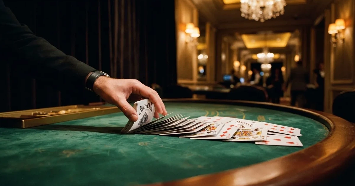 Mâinile unui crupier amestecă cărțile sub candelabrele unui cazinou elegant — casinouri online în romania