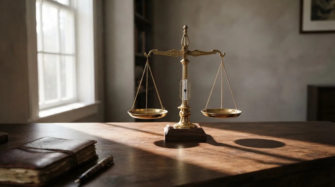 O balanță de alamă pe un birou de lemn, în lumina piezișă a unei ferestre înalte — casinouri online în romania