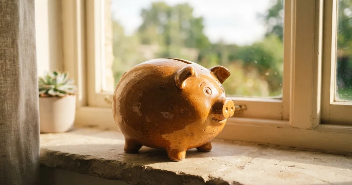 O pușculiță de ceramică în formă de purcel pe un pervaz, în lumina soarelui — cazinouri cu a-bon în romania