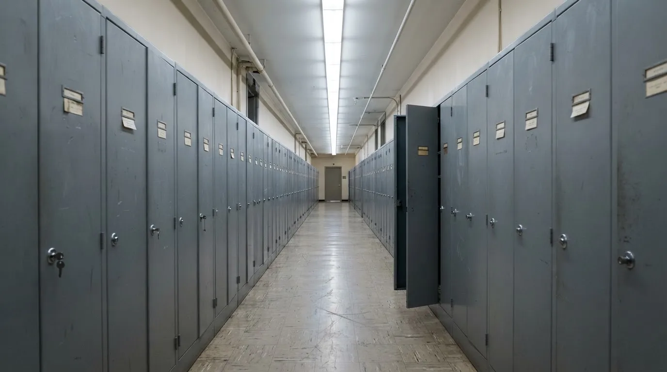 Un șir de dulapuri metalice încuiate pe un coridor lung, luminat de neoane palide — cazinouri cu a-bon în romania