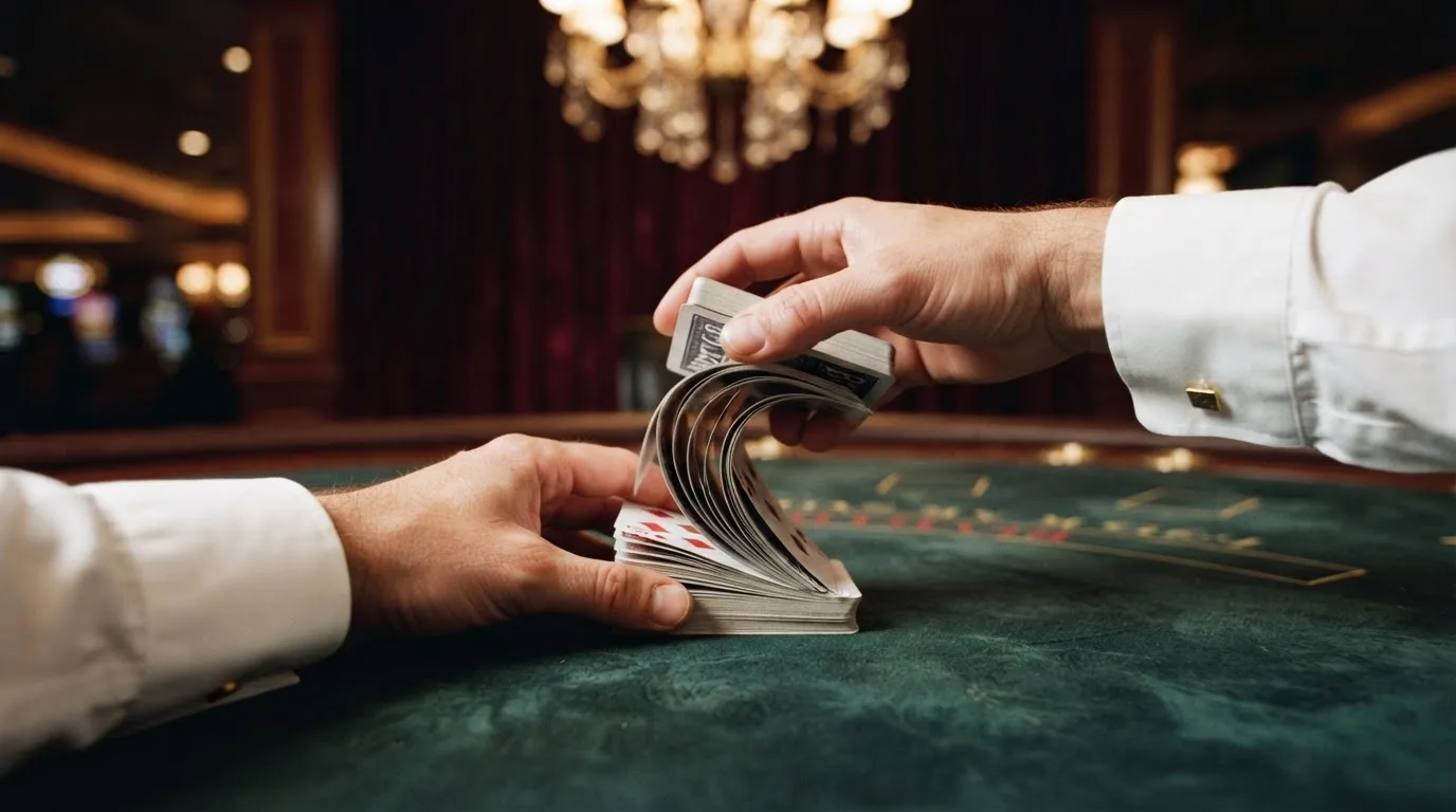 Mâinile unui crupier amestecă cărțile sub candelabrele unui cazinou elegant — cazinouri cu blackjack în romania