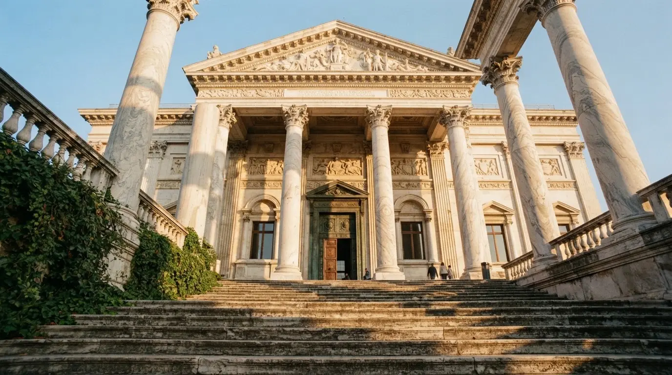 Coloane de marmură ale unei clădiri vechi, cu trepte late scăldate în soarele dimineții — cazinouri cu blackjack în romania