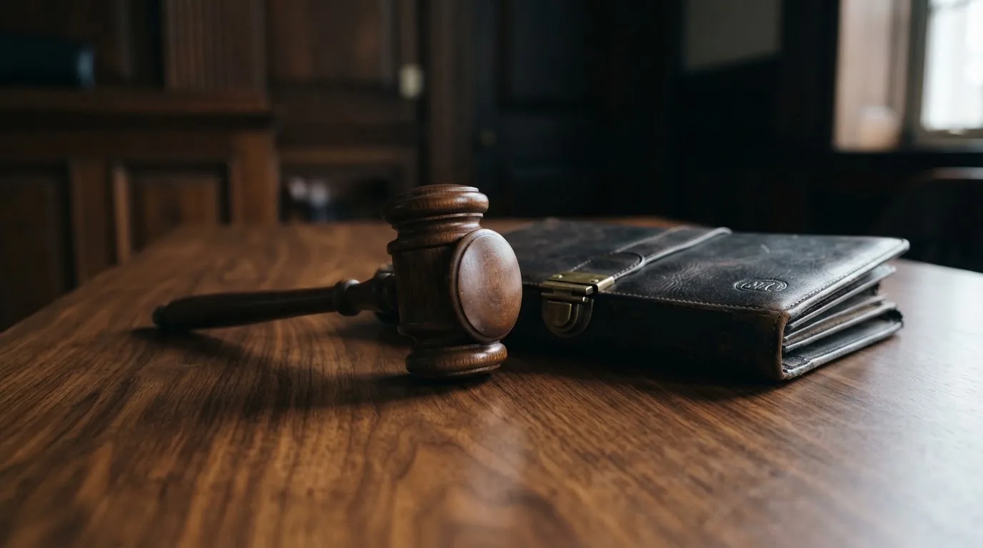 Un ciocan de judecător lângă un dosar de piele închis, pe o masă de nuc lustruit — cazinouri cu bonus aniversar