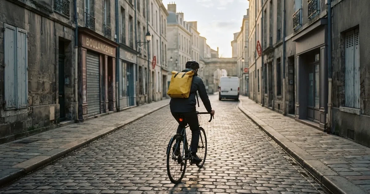Un curier pe bicicletă cu rucsac galben pe o stradă pavată, în lumina dimineții — cazinouri cu carti de credit