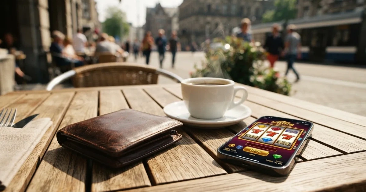 Un portofel de piele închis lângă o cană de cafea, pe masa unei terase la prânz — cazinouri cu cashpay în romania