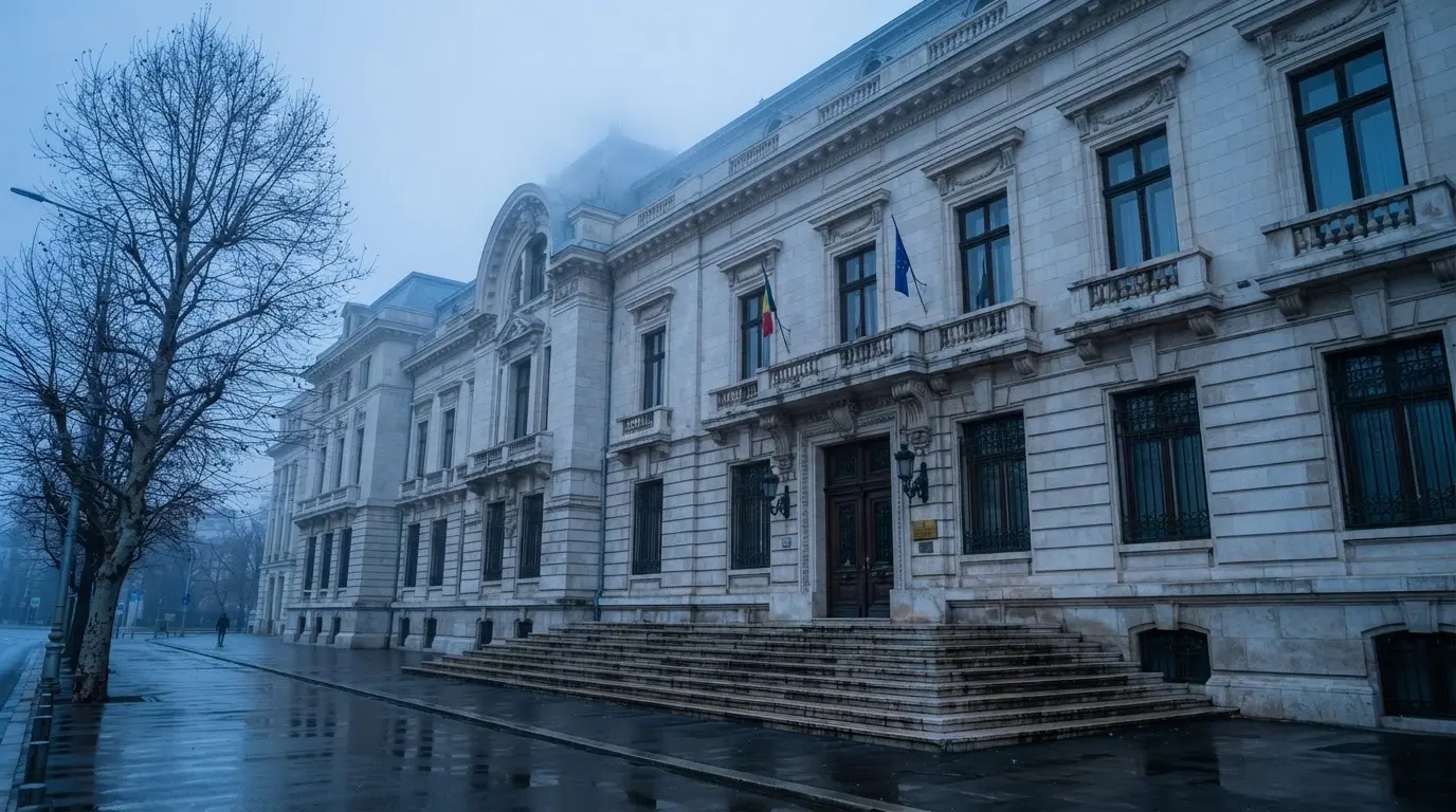 Fațada de piatră a unei clădiri guvernamentale din București, în lumina rece a zorilor — cazinouri cu cashpay în romania