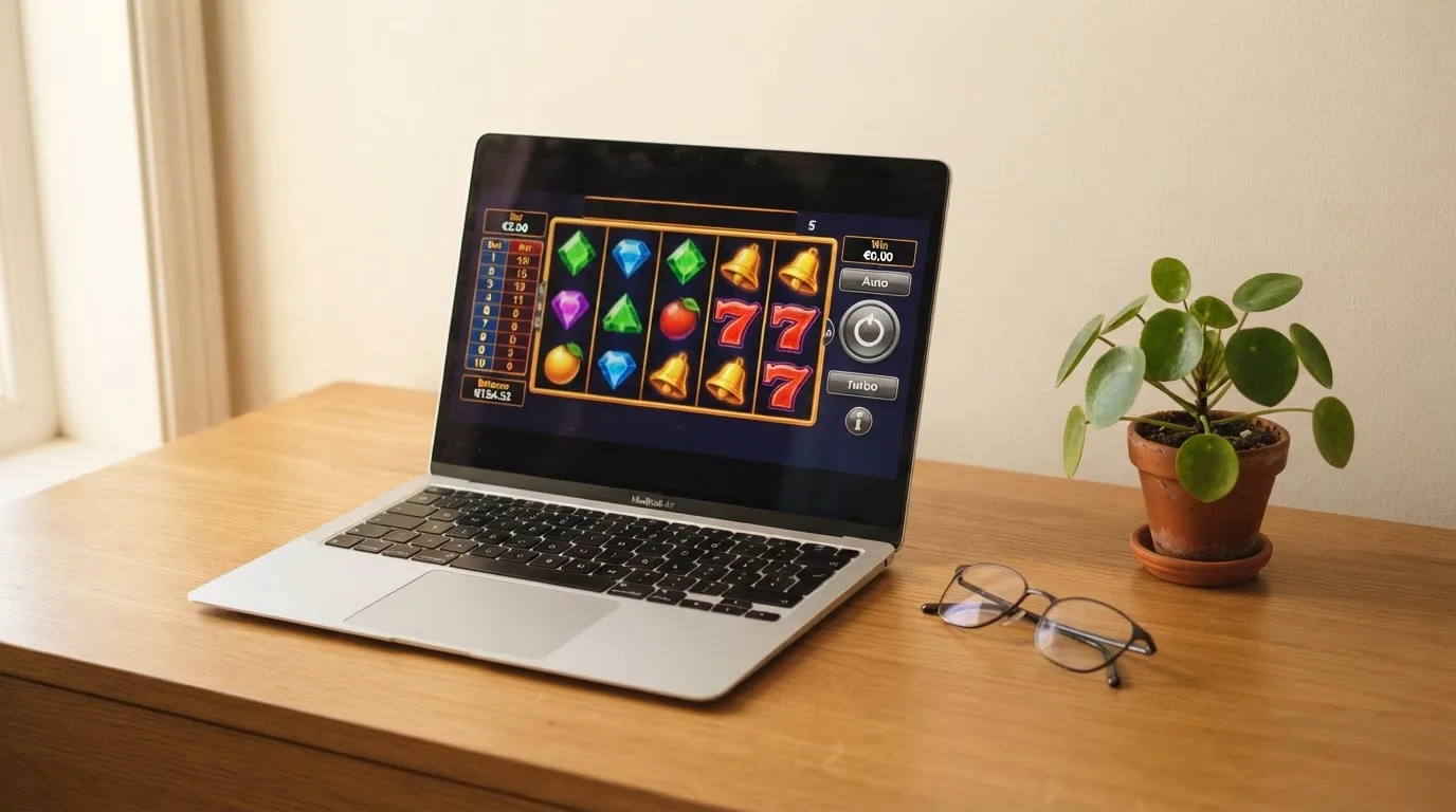 Masă de lucru cu laptop, ochelari și o plantă mică, privită din unghi lateral, în lumina difuză a după-amiezii.