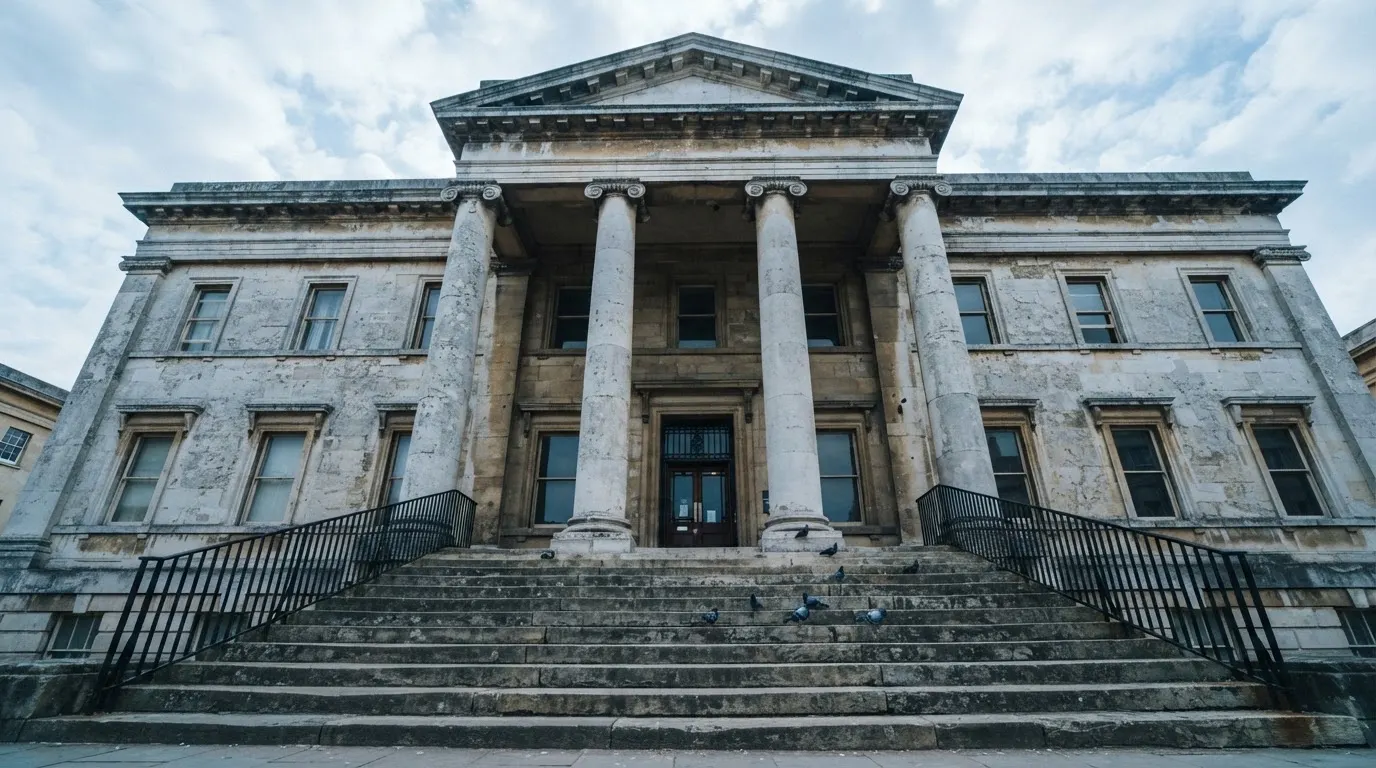 Fațada unei clădiri administrative din piatră, cu scări largi la intrare, fotografiată de jos într-o zi cu nori ușori.