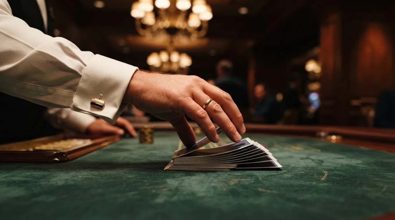 Mâinile unui crupier amestecă cărțile sub candelabrele unui cazinou elegant — cazinouri cu free spins în romania