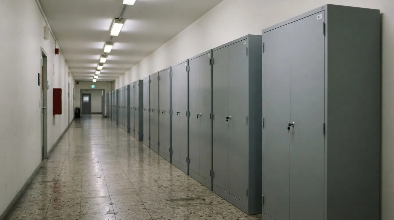 Un șir de dulapuri metalice încuiate pe un coridor lung, luminat de neoane palide — cazinouri cu free spins în romania
