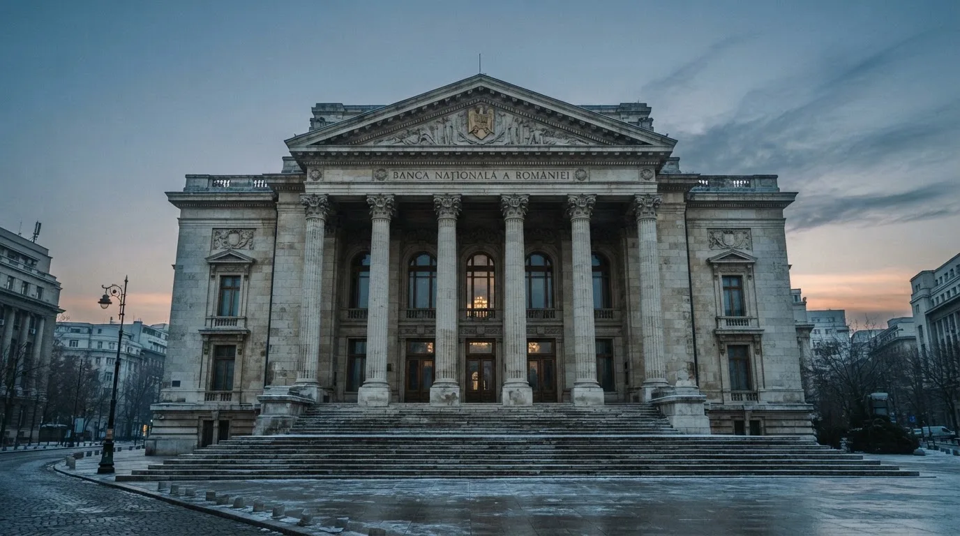 Fațada de piatră a unei clădiri guvernamentale din București, în lumina rece a zorilor — cazinouri cu google pay în romania