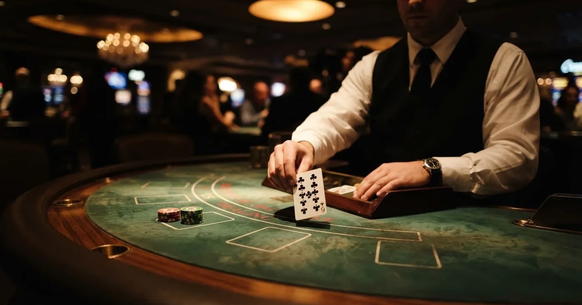 Un crupier în vestă neagră împarte cărți la o masă de blackjack, sub spoturi calde — cazinouri cu jackpot în romania
