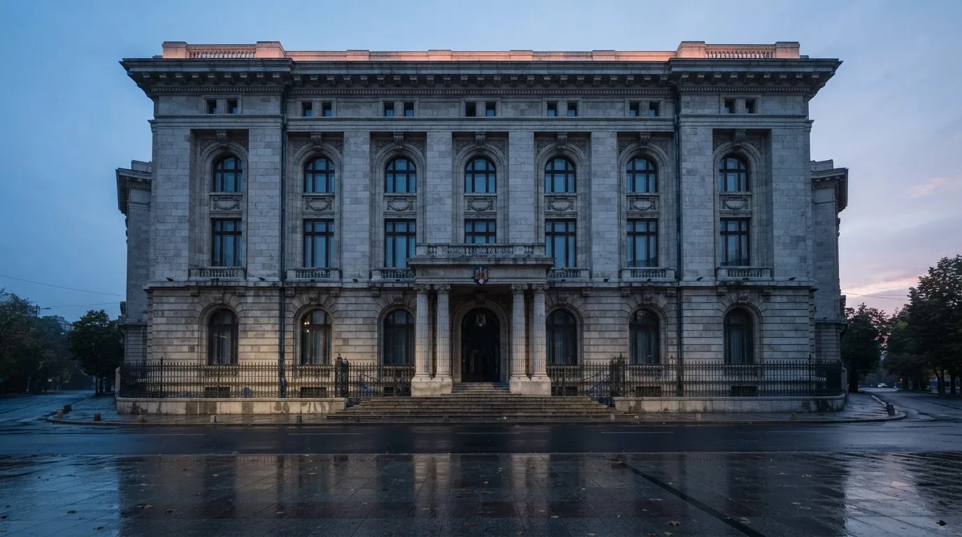 Fațada de piatră a unei clădiri guvernamentale din București, în lumina rece a zorilor — cazinouri cu jocuri de noroc