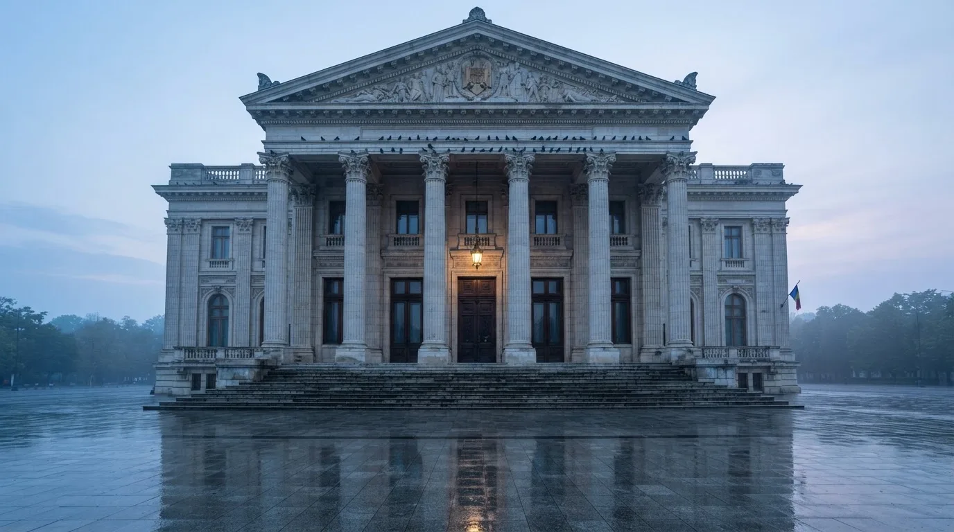 Fațada de piatră a unei clădiri guvernamentale din București, în lumina rece a zorilor — cazinouri cu maestro în romania