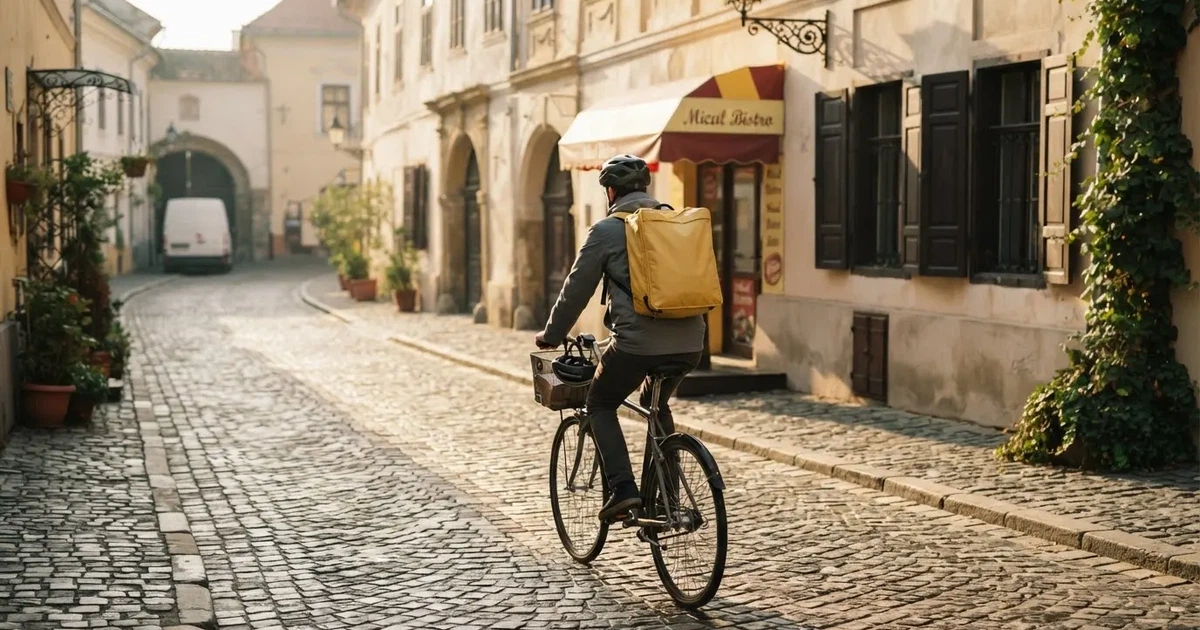 Un curier pe bicicletă cu rucsac galben pe o stradă pavată, în lumina dimineții — cazinouri cu mifinity în romania
