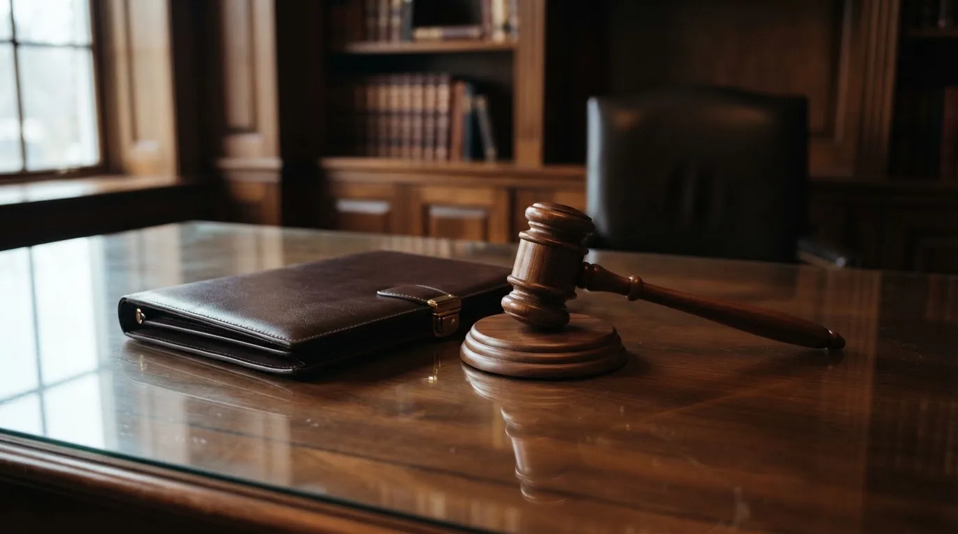 Un ciocan de judecător lângă un dosar de piele închis, pe o masă de nuc lustruit — cazinouri cu mod demo în românia