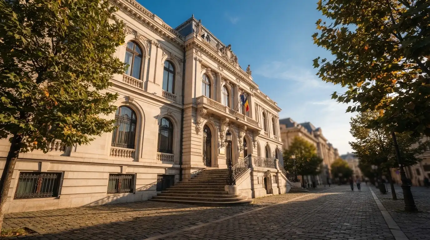 Sediu oficial cu ferestre înalte, văzut din unghi lateral, pe o stradă pietonală din București într-o zi senină.