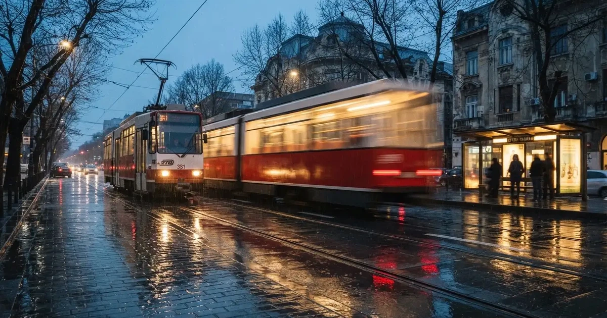 Un tramvai trecând repede pe o stradă udă, cu lumini estompate de mișcare — cazinouri cu revolut în romania