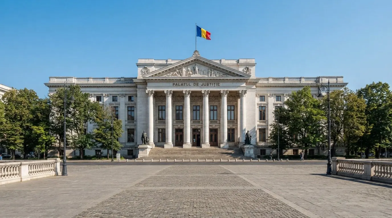 Instituție publică cu coloane albe, văzută de la distanță, cu un drapel tricolor fluturând sub un cer senin.