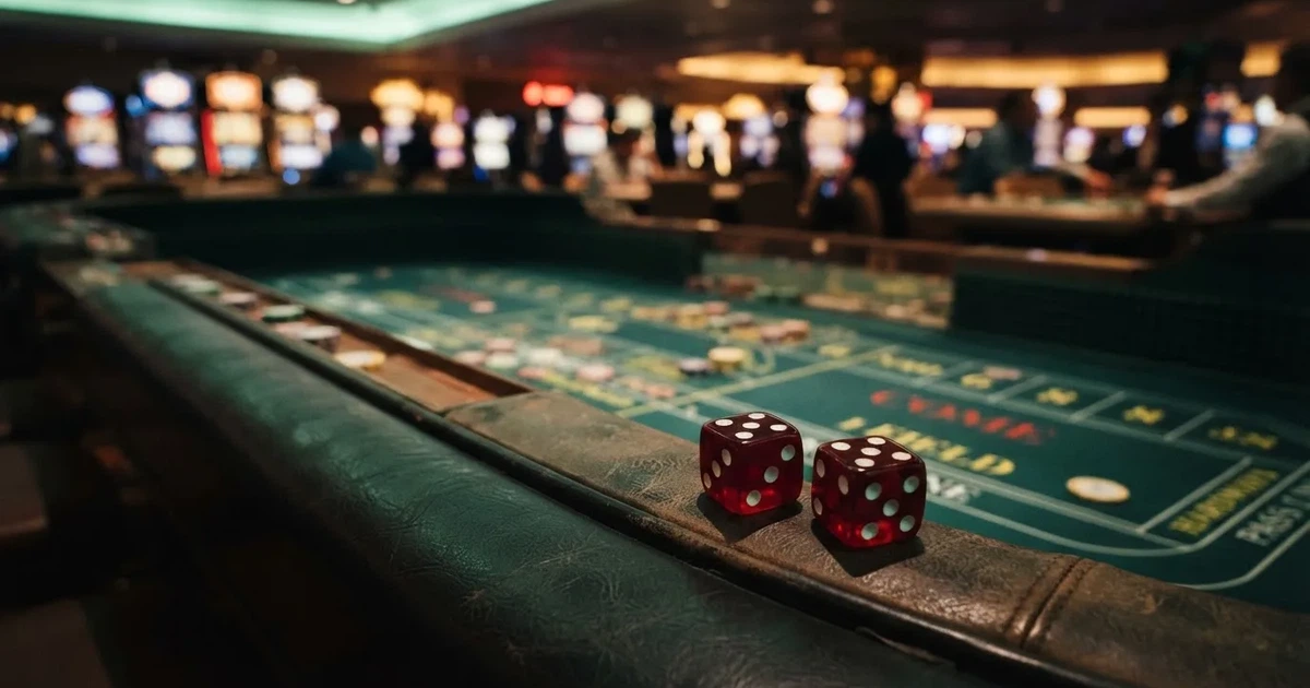 Zaruri roșii pe marginea unei mese de craps, sub o lumină verzuie — cazinouri cu rtp mare în romania