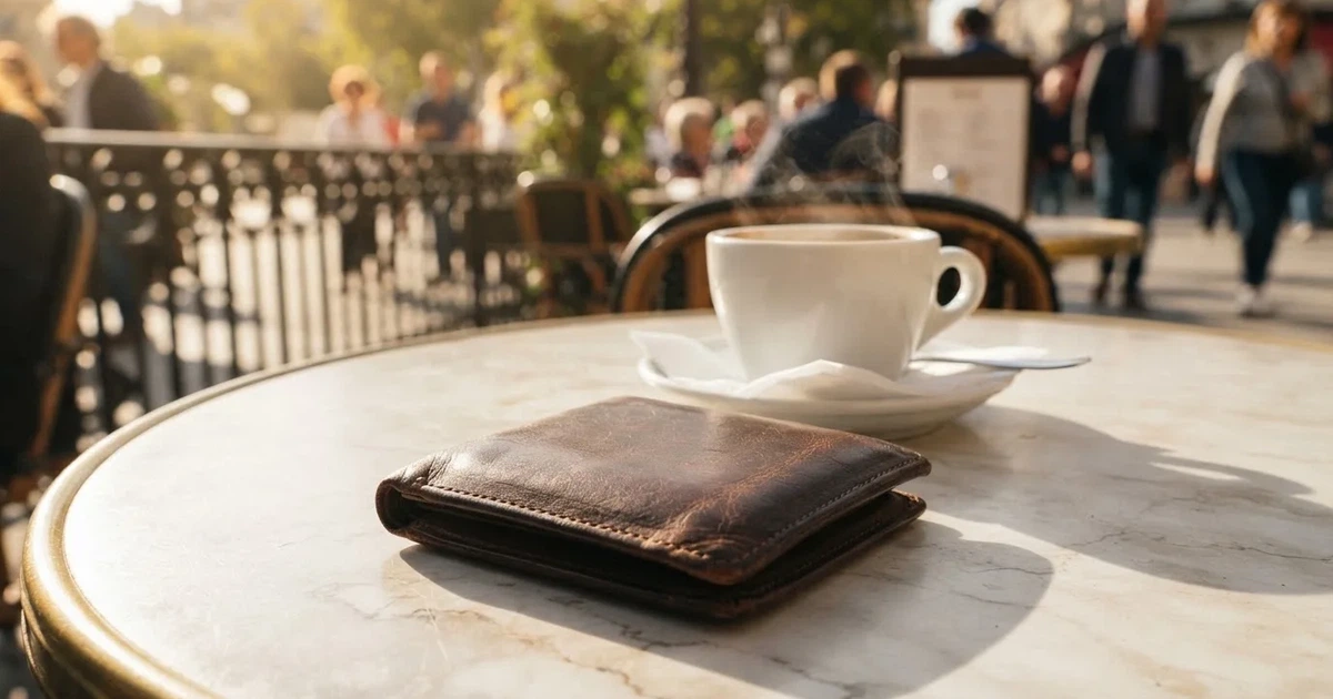 Un portofel de piele închis lângă o cană de cafea, pe masa unei terase la prânz — cazinouri cu skrill în romania