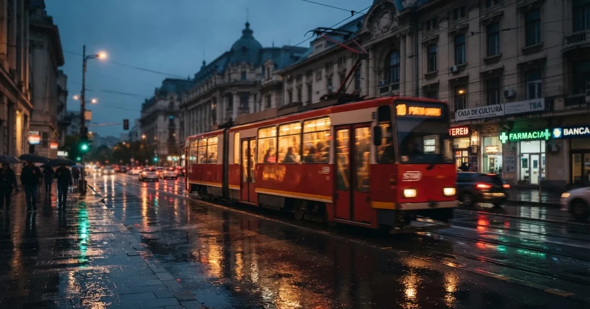 Un tramvai trecând repede pe o stradă udă, cu lumini estompate de mișcare — cazinouri cu trustly în romania