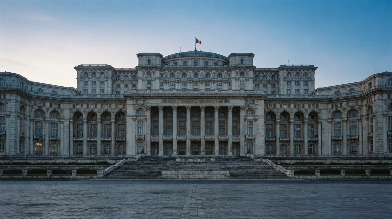 Fațada de piatră a unei clădiri guvernamentale din București, în lumina rece a zorilor — cazinouri cu trustly în romania