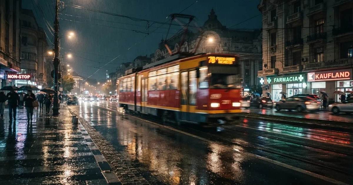 Un tramvai trecând repede pe o stradă udă, cu lumini estompate de mișcare — cazinouri cu visa în romania
