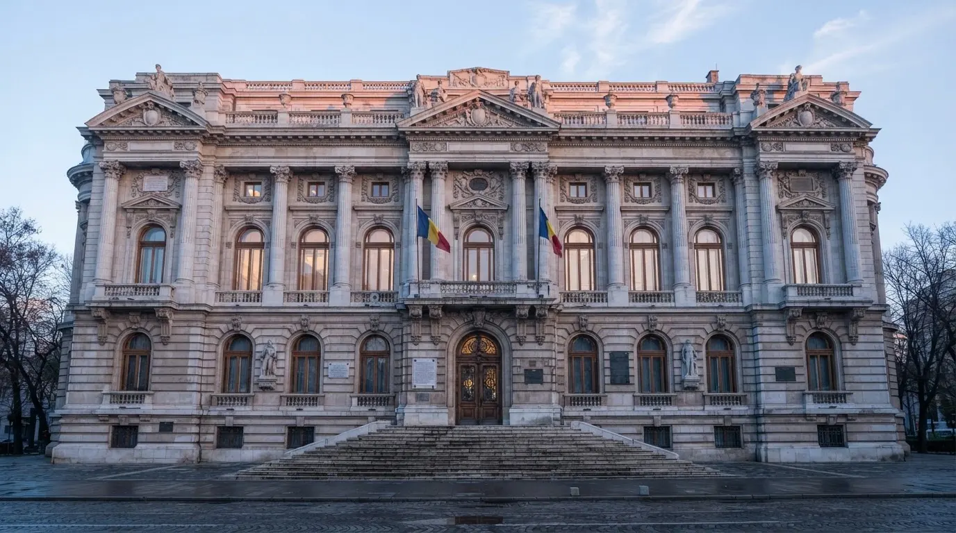 Fațada de piatră a unei clădiri guvernamentale din București, în lumina rece a zorilor — cazinouri cu visa în romania