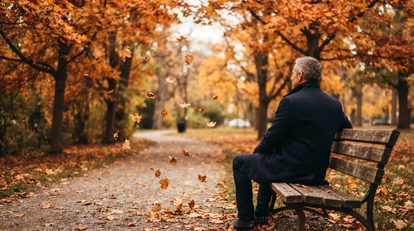 Un om pe o bancă din parc privește frunzele toamnei căzând, în lumină blândă — cazinouri fără licență în românia