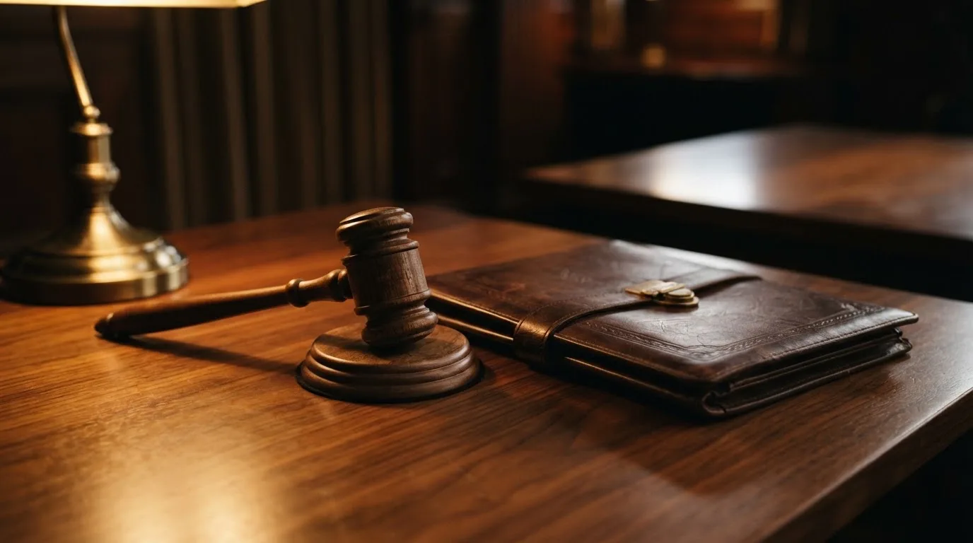 Un ciocan de judecător lângă un dosar de piele închis, pe o masă de nuc lustruit — cazinouri fără rulaj în românia