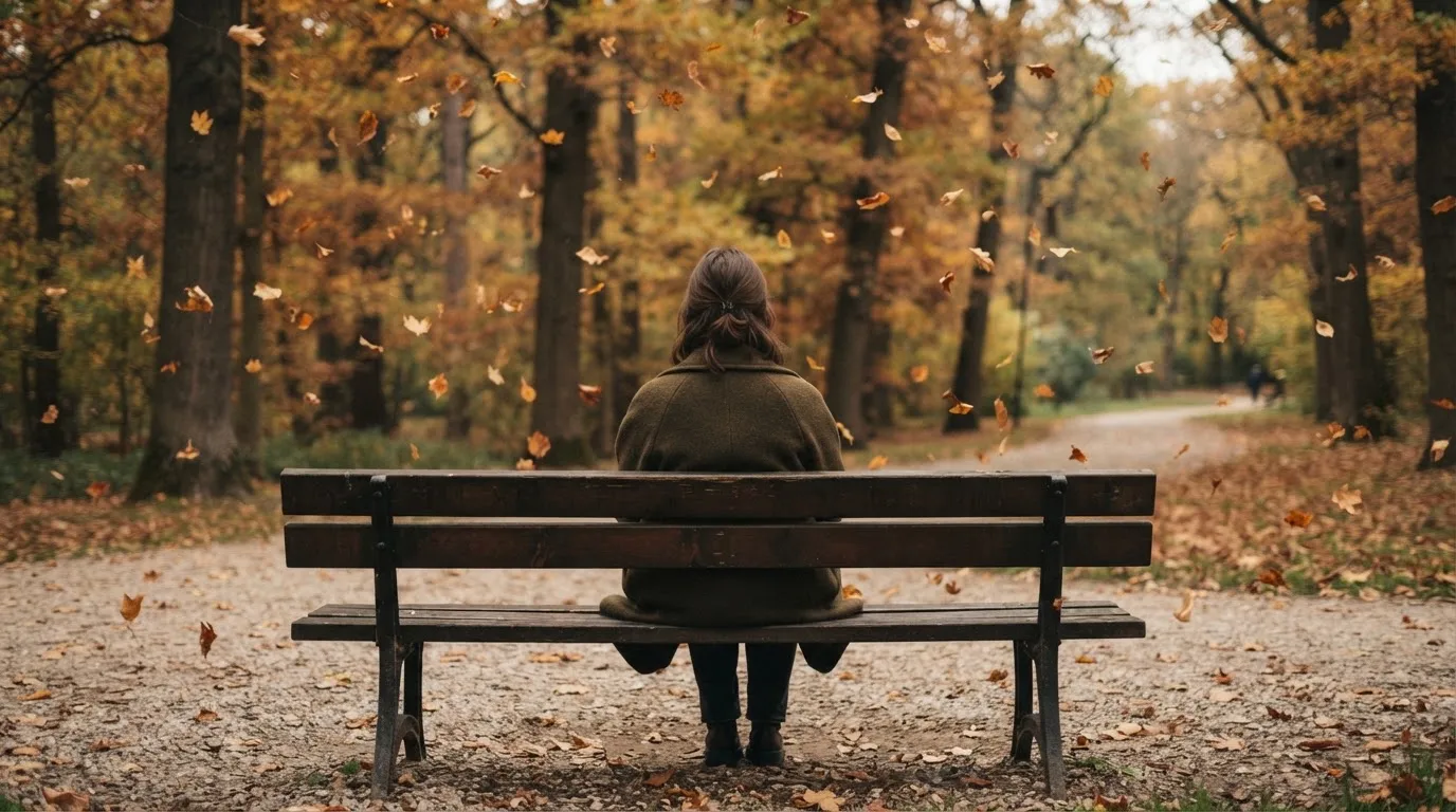 Un om pe o bancă din parc privește frunzele toamnei căzând, în lumină blândă — cazinouri în bucuresti