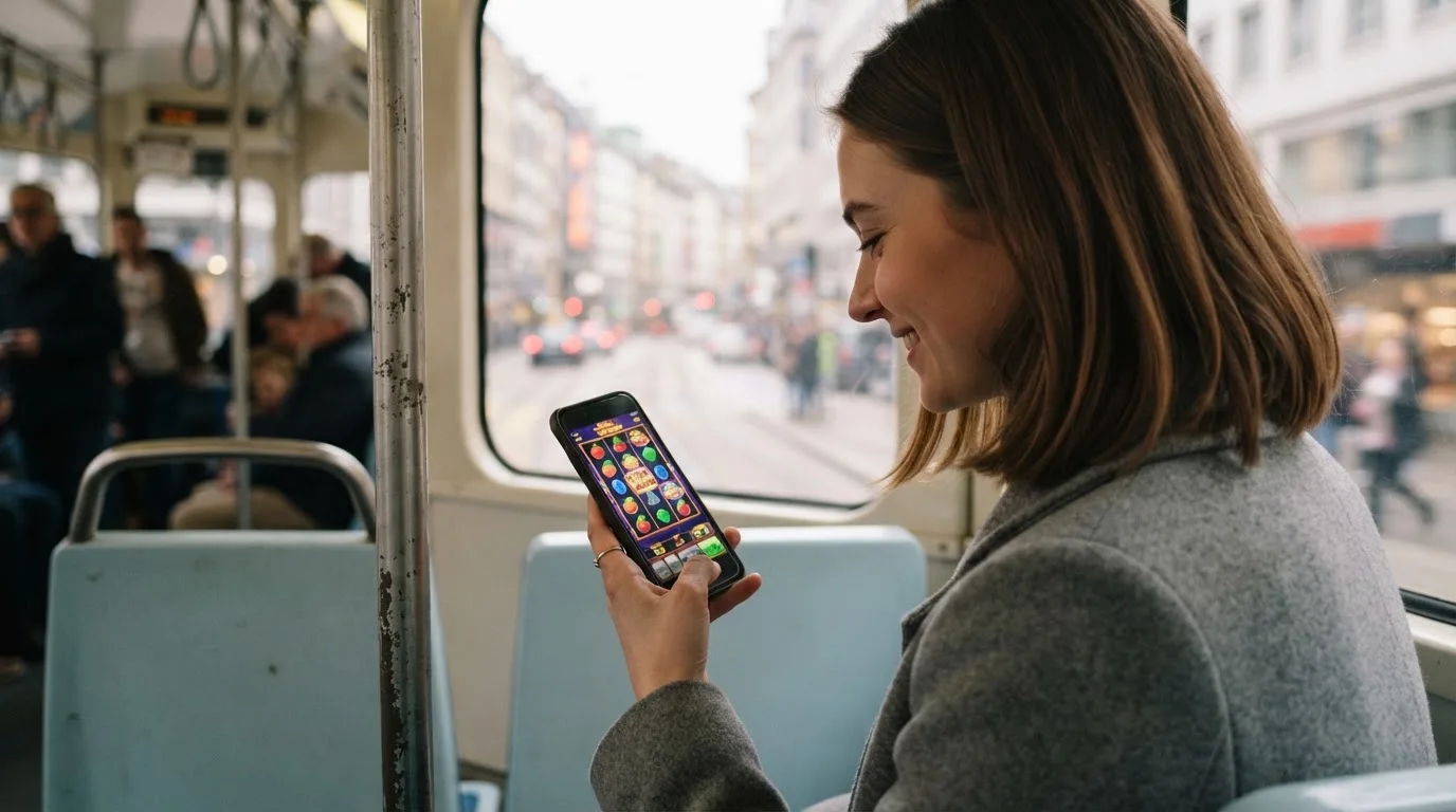 Tânără în tramvai ține telefonul cu ambele mâini și zâmbește, în timp ce afară se văd clădiri neclare în mișcare.