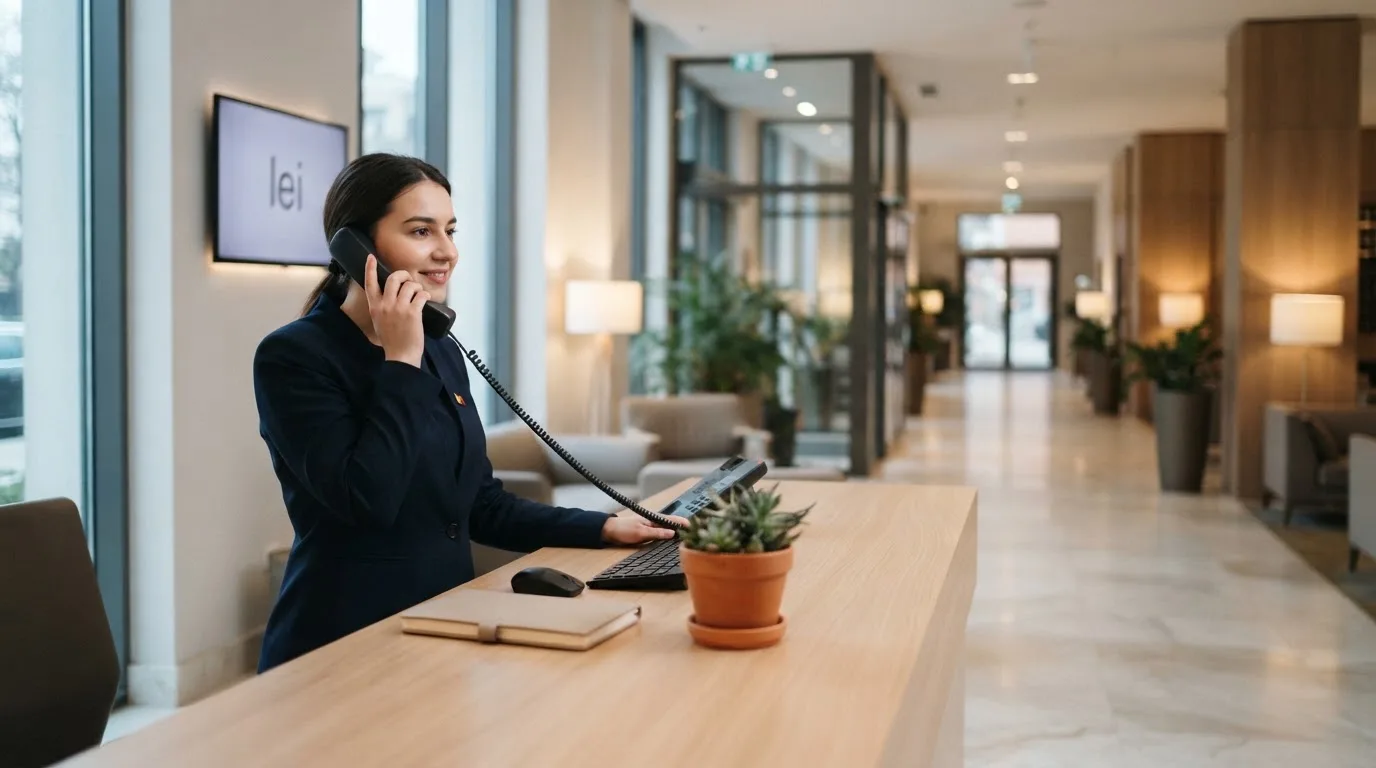 Birou de recepție într-un hol modern, cu un monitor discret pe un perete și o funcționară care răspunde la telefon.