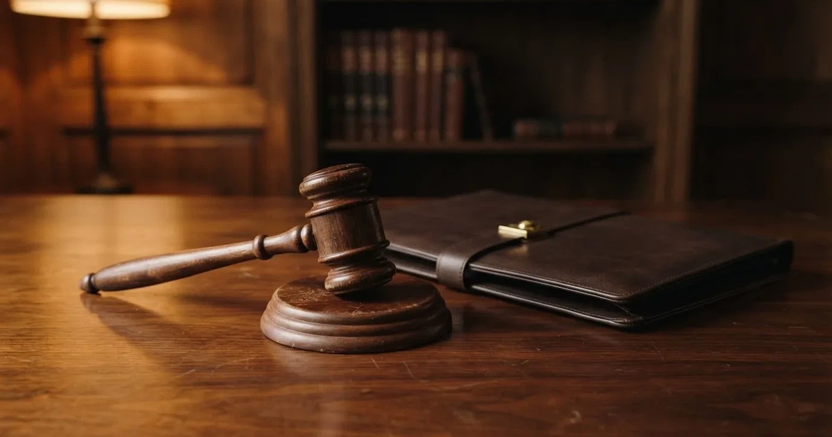 Un ciocan de judecător lângă un dosar de piele închis, pe o masă de nuc lustruit — cazinouri străine în românia